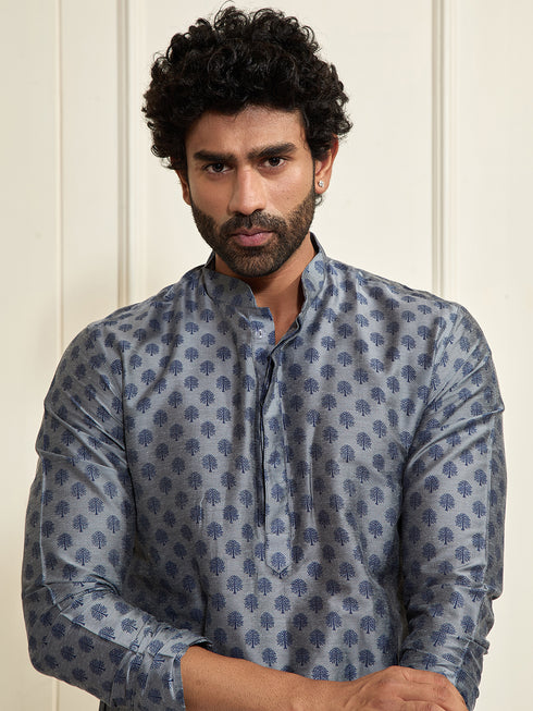 VASTRAMAY Men's Grey Cotton Silk Blend Kurta